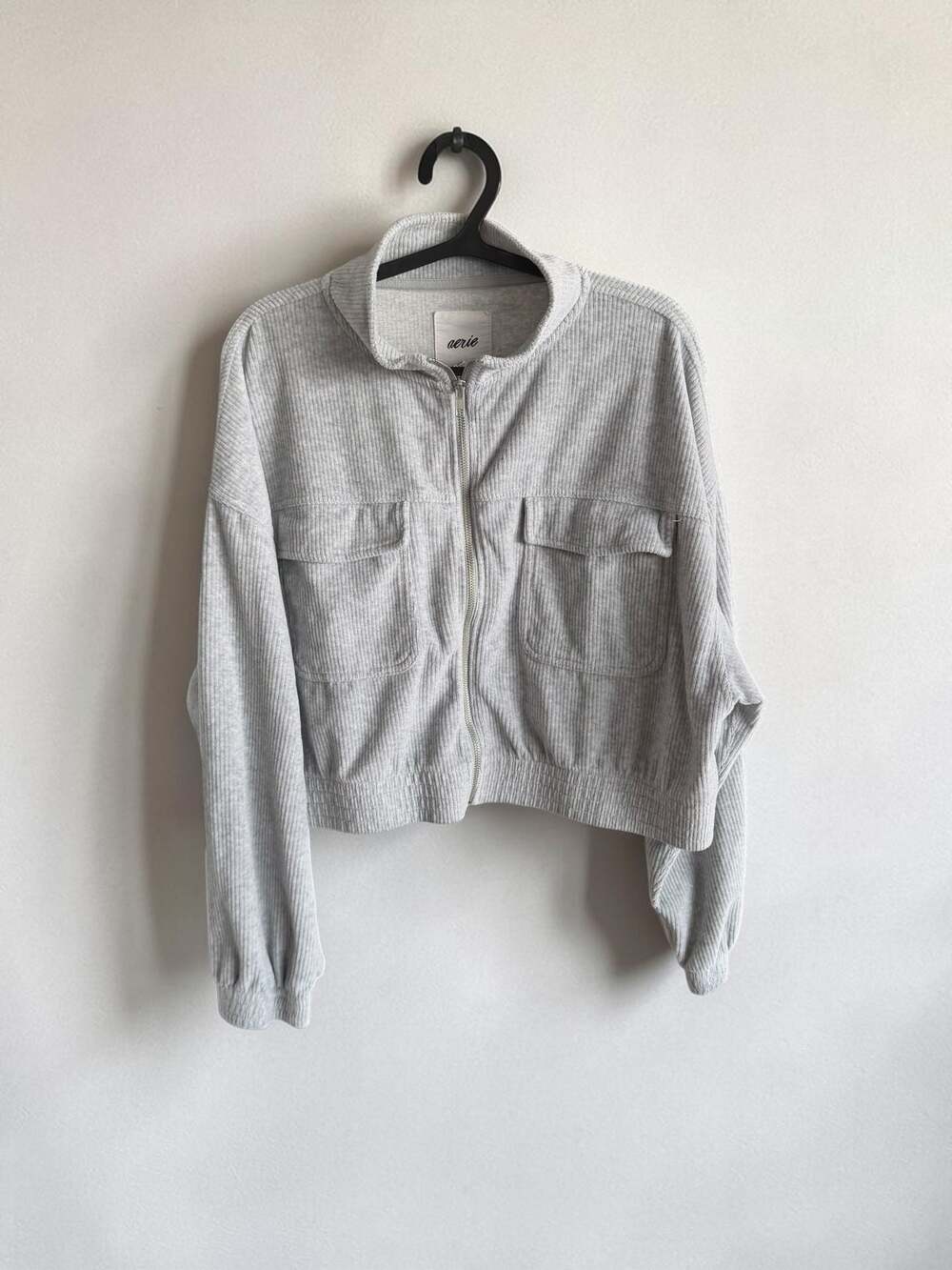Aerie Groove On Velour Corduroy Gray Full Zip Cropped Jacket - XL
